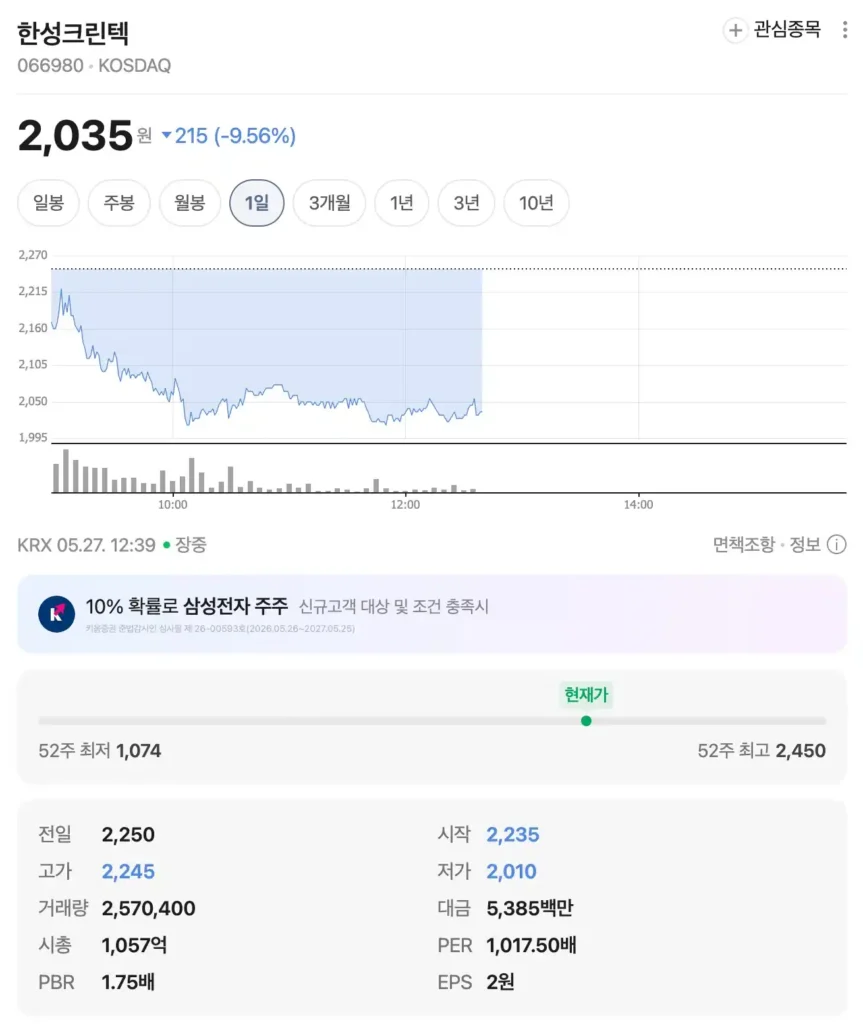 한성크린텍 주가 급상승 이유와 전망 정리 한성크린텍 주가 차트